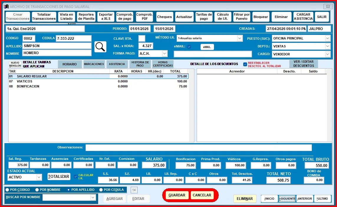 Pantalla de SIPS calculando la planilla quincenal de un trabajador panameño