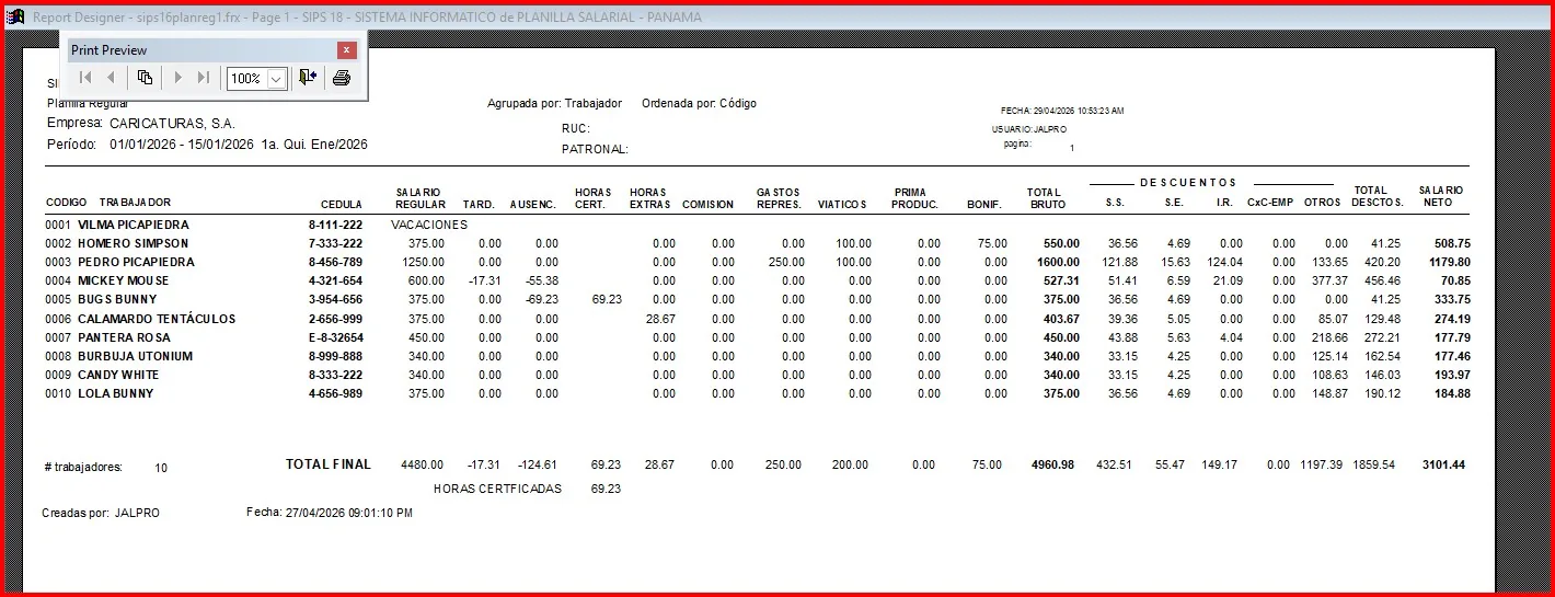 SIPS — reporte de planilla regular agrupado por trabajador con totales